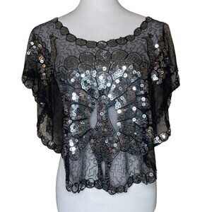Vintage Black Sheer Sequin Peacock Mesh Poncho Top Capelet One Size